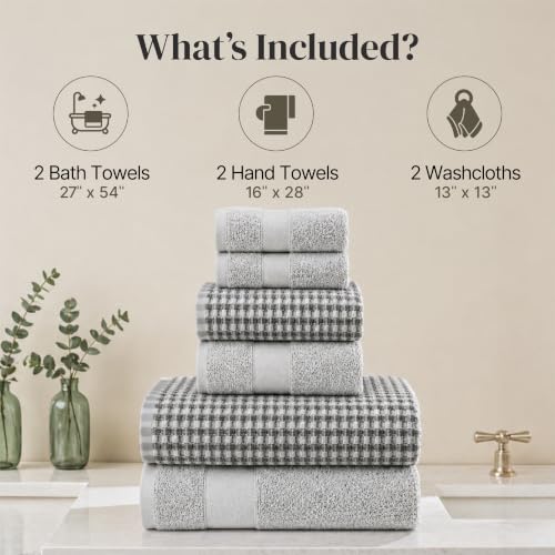 Modern Threads 6 Piece Cotton Bath Towel Set – Ultra Soft 600 GSM Towels – Bathroom Set with Hand Towels and Washcloths – Waffle (Silver Cloud) - color: Silver Cloud, style: Waffle