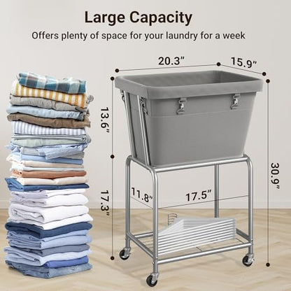 ELYKEN Rolling Laundry Hamper with Wheels, Removable Bag, Laundry Cart | Heavy Duty Metal Frame, 2-Tier Clothes Basket with Shelf, Ideal for Closet, Bedroom, Bathroom & Laundry Room - color: Gray, size: 20.3"L x 15.9"W x 30.9"H