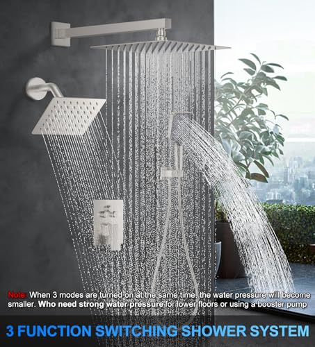 Woindo Shower Faucet Set, 10" Wall Mount Rainfall Shower System with 2 Rain Shower Head and Multi-function Handheld Head Push Button Diverter Shower Faucet Trim Kit - color: Brushed Nickel, style: 10"-Wall-01