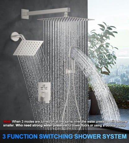 Woindo Shower Faucet Set, 10" Wall Mount Rainfall Shower System with 2 Rain Shower Head and Multi-function Handheld Head Push Button Diverter Shower Faucet Trim Kit - color: Brushed Nickel, style: 10"-Wall-01