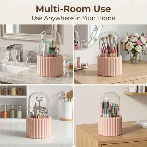 Toothbrush Holder with Sliding Lid, Toothbrush Holders for Bathrooms,360° Rotating Makeup Brush Storage Rack - Waterproof and Dustproof, Toothbrush Toothpaste Holder Beauty Brush (Light Pink) - color: Light Pink