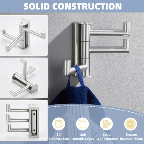 3-Arm Swivel Towel Hook, Brushed Nickel, 304 Stainless Steel | Individually Adjustable 180° Arms, Fold-Flat Wall Storage, Raised End Stops, Robes, Bags & Towels, Bathroom & Closet Use - color: Brushed Nickel, size: 1 Pack