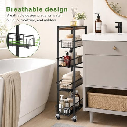 5-Tier Slim Rolling Cart Kitchen Utility Cart, Narrow Kitchen Cabinet with 4 Pull-Out Baskets - Versatile Rolling Storage Cart for Spices, Pantry & Bathroom Organization