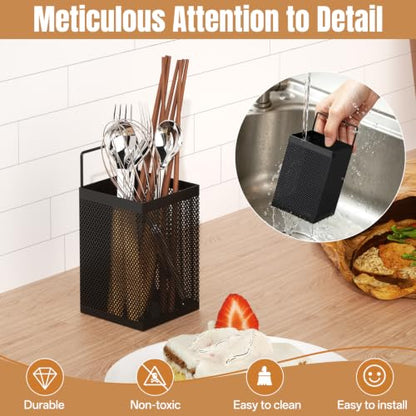 DTUQYX Wall-Mounted Kitchen Utensil Holder - No Drilling Self-adhesive Organizer Basket Countertop Silverware Caddy, Dual Use Mesh Storage for Spoons, Forks, Cooking Tools Bathroom & Makeup, Black