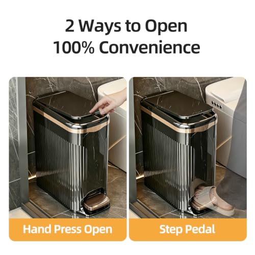 Slim Bathroom Trash Can with Lid, 10L Soft Close Step Pedal Black | Dual Open Step Pedal & Hand Press, 6.49" Ultra Narrow, Hidden Bag Holder, Odor Seal Waste Basket for Kitchen Office Bedroom