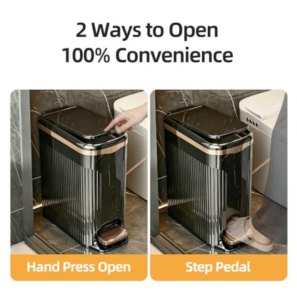Slim Bathroom Trash Can with Lid, 10L Soft Close Step Pedal Black | Dual Open Step Pedal & Hand Press, 6.49" Ultra Narrow, Hidden Bag Holder, Odor Seal Waste Basket for Kitchen Office Bedroom