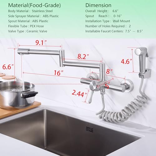 Kitchen Faucet Wall Mount with Side Sprayer, Folding Design for Bar Taps | 304 Stainless Steel Constructed, Rotatable, 8"" Center, Commercial Use - color: Style C, Independent Stand