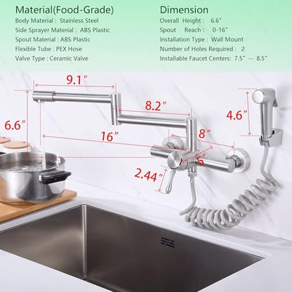 Kitchen Faucet Wall Mount with Side Sprayer, Folding Design for Bar Taps | 304 Stainless Steel Constructed, Rotatable, 8"" Center, Commercial Use - color: Style C, Independent Stand