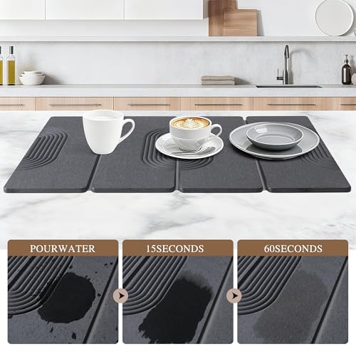 Foldable Stone Dish Drying Mat for Kitchen Counter, Diatomaceous Earth Drying Mat with Non-Slip Backing, Heat Resistant Multifunctional Mat for Kitchen & Bathroom, Instant water absorption-(24"×16") - color: Dark Gray