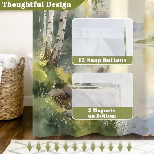 Nature Landscape Shower Curtain with Snap in Liner, 71x74 Inch | No Hooks Needed & Mesh Top, Double Layer Waterproof, Heron Bird & Birch Tree Lake Greenery Scenery Design for Rustic Bathroom - color: Crane & Landscape