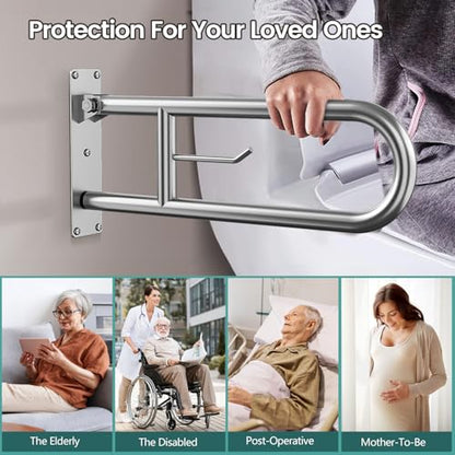 23.6 Inch Foldable Toilet Grab Bars, Bathroom Stainless Steel Handrails with Paper Holder, Handicapped Flip-Up Handles, Senior Safety Rails, Wall Mounted Hand Grips, for Elderly, Disabled, Pregnant - size: 23.6 inches