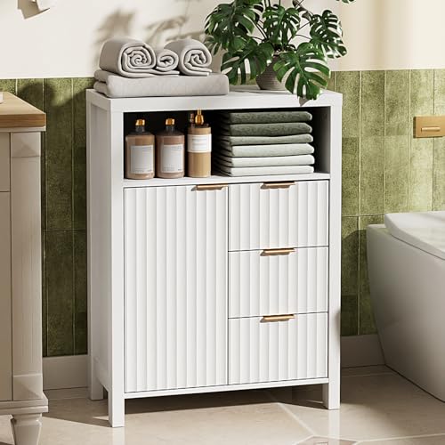 VINGLI Bathroom Floor Storage Cabinet with 3 Drawers, Modern 32" Freestanding Short Storage Organizer with Fluted Door & Adjustable Shelf, 12 Inch Deep White Wooden Console for Small Space - color: Crisp White, size: 23.3"W Small Floor Cabinet