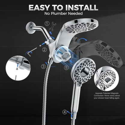 High Pressure Rain Shower Head with Handheld Spray Combo | Detachable Dual Shower Head with 10 Sprays Modes - Upgrade Knob Spray Mode Selector and Magnetic Guidance Docking System - color: Chrome