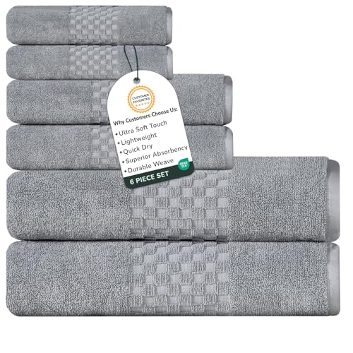 Feather & Stitch 100% Cotton 625 GSM Bath Towel Set of 6, Ultra Soft Highly Absorbent 2 Bath Towels, 2 Hand Towels & 2 Washcloth - Luxury Quick Dry Shower Towels (Grey) - color: Grey