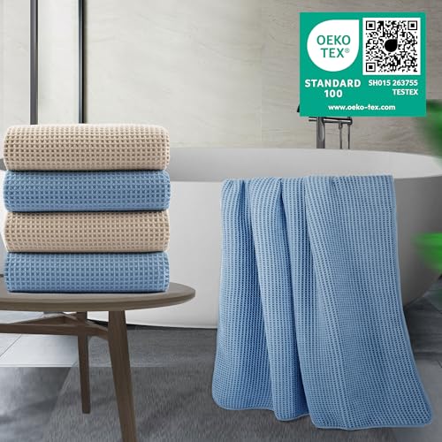 POLYTE 430 GSM Poly Blend Microfiber Quick Dry Waffle Bath Towel, 30x60 in | 4 Pack, Oversize, Lint Free, Body Towel - color: Beige,blue