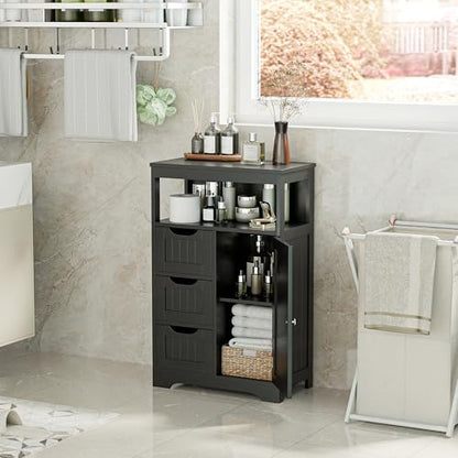 ZenStyle Bathroom Floor Cabinet, Storage Organizer with 3 Drawers and 1 Door, Free Standing Entryway Cupboard for Home Office (Black)