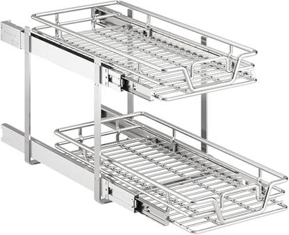 2-Tier Kitchen Cabinet Pull Out Shelf and Drawer Organizer Slide Out Pantry Storaqe Basket in Multiple Sizes (11" W x 18" D) - size: 11"W x 18"D