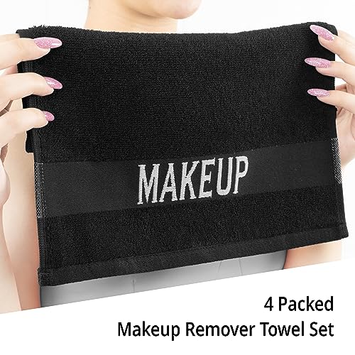 Cotton Paradise 100% Cotton Turkish Towel Set, Soft Absorbent Quick Dry, 4 Piece Makeup Towel Set, Coal Black - color: Coal Black, size: 12"x12"