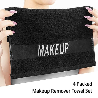 Cotton Paradise 100% Cotton Turkish Towel Set, Soft Absorbent Quick Dry, 4 Piece Makeup Towel Set, Coal Black - color: Coal Black, size: 12"x12"