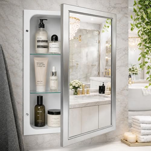 Head West Brushed Nickel with Chrome Recessed Medicine Cabinet Mirror 16"x26"- Stainless Steel Bathroom Mirror with Storage, Beveled Edge, and Adjustable Shelves - Small Medicine Cabinets for Bathroom
