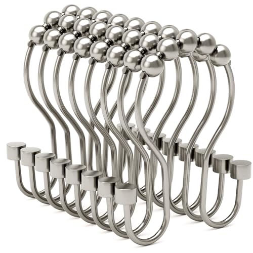 Bathway Shower Curtain Hooks, Shower Curtain Rings Rust Proof Double Hook Shower Curtain Hooks with Clindrical Design, 12 Pcs Nickel Shower Hooks for Shower Curtain, Metal Shower Rod Hooks - color: Nickel, style: Modern Shower Hooks with Cylinders