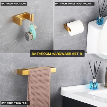 GERZWY Bathroom Accessory 3-Piece Set SUS 304 Stainless Steel Toilet Paper Holder Towel Ring Towel Hooks Wall Mount Gold Finished HG1708-3BE - color: Gold