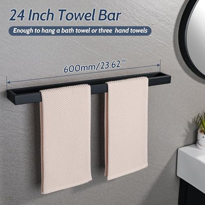 Sayayo Matte Black Towel Bar for Bathroom, 24 Inch Hand Towel Holder Wall Mount Square Towel Ring SUS304 Stainless Steel Towel Rack - color: Black, size: 24 INCH