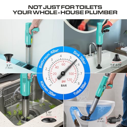 Electric Toilet Plunger, Heavy-Duty Clog Remover, Mint Green | High-pressure air plunger for bathrooms. Powerful toilet drain unclogger. - color: Mint Green