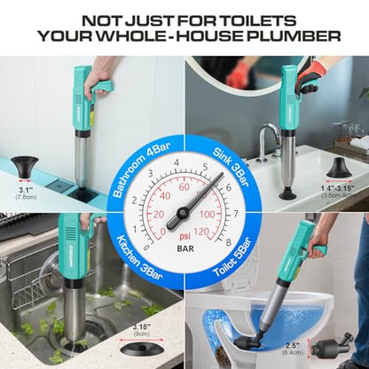 Electric Toilet Plunger, Heavy-Duty Clog Remover, Mint Green | High-pressure air plunger for bathrooms. Powerful toilet drain unclogger. - color: Mint Green