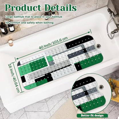 Green Black Bath Tub Mat Non Slip, Modern Geometric Large Washable Shower Mats with Drain Holes and Suction Cups,40 X 16 Inch - color: Green Black
