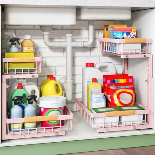Kitstorack Under Sink Organizer, 2 Tier Under the Sink Storage, Slide out Pull out Cabinet Organizer Shelf, Metal Sliding Drawer for Kitchen Bathroom Pantry Closet Organization Rack, Pink, 2 Pack - color: Pink, size: 2 Pack