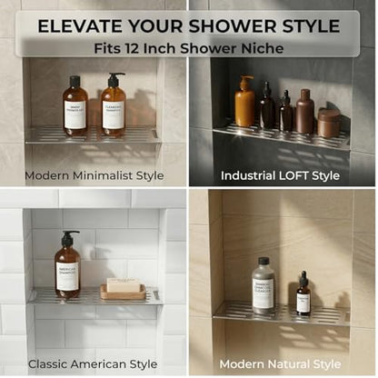 Shower Niche Shelf for 12 Inch Prefab Niches,Fits 1/8" Grout Lines | Brushed 304 Stainless Steel, Rustproof, Easy to Clean, for New Remodels (Install Pre-Tile), Fits Prefab Kerdi Board SN/-SNLT