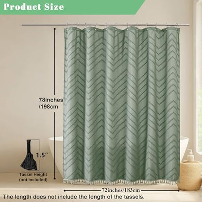 Sage Green Fabric Shower Curtain, Boho Shower Curtains for Bathroom Chic Tufted Chevron Striped Textured with Tassel, Soft Hotel Style Farmhouse, Machine Washable, 72x78, Sage Green - color: Sage Green, size: 72"W x 78"L (Pack of 1)