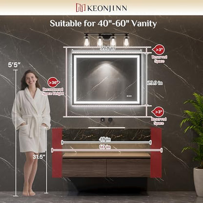 Keonjinn 40" x 30" LED Bathroom Mirror with Lights, Frontlit & Backlit | Bluetooth Speaker, Bluetooth Mirror Bathroom, HD Tempered Glass, 3000K/4500K/6000K, Dimmable, Fast & Safe Defogging, CRI90+ - size: 30"L x 40"W