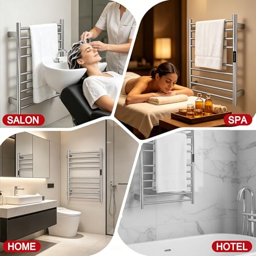 Electric Towel Warmer Rack Wall Mounted, Brushed Stainless Steel | for Bathroom, 9 Bars with Timer and Smart Control, Left or Right Side Plug-in/Hardwired, 304 Stainless Steel Brushed Nickel - color: Brushed Stainless Steel