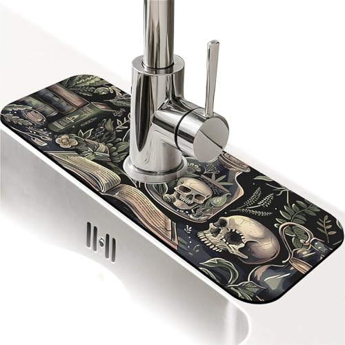 Kitchen Sink Splash Guard，Books and skulls Faucet Mat Sink Gadgets-Super Absorbent Fast Drying Mat Drip Catcher for Kitchen, Bathroom,Sink Mat, Dish Drying Mat, Bathroom(15" X 5.5" ) - color: Books and skulls