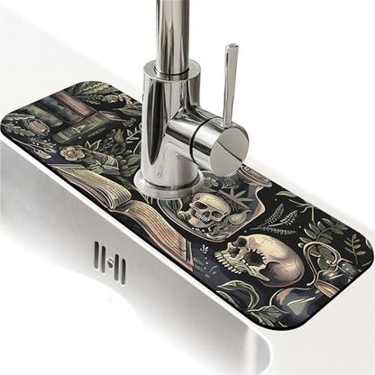 Kitchen Sink Splash Guard，Books and skulls Faucet Mat Sink Gadgets-Super Absorbent Fast Drying Mat Drip Catcher for Kitchen, Bathroom,Sink Mat, Dish Drying Mat, Bathroom(15" X 5.5" ) - color: Books and skulls