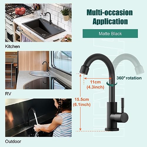 Heyalan SUS304 Cold Water Bar Sink Faucet, Single Handle,Matte Black | SUS304 stainless steel, high-arc gooseneck, single-hole deck mount, 24-inch supply hose, 2.5-inch shank, 1.8 GPM - color: Matte Black
