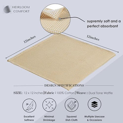 12 Pack Dual Tone Waffle Weave Dish Cloth, 12x12 Inch, 100% Cotton Dishcloth Set, Super Absorbent, Fast Dry, Teal Towels, Soft Hand Towel, Durable Dish Rags & Wash Cloth, Beige - color: Beige