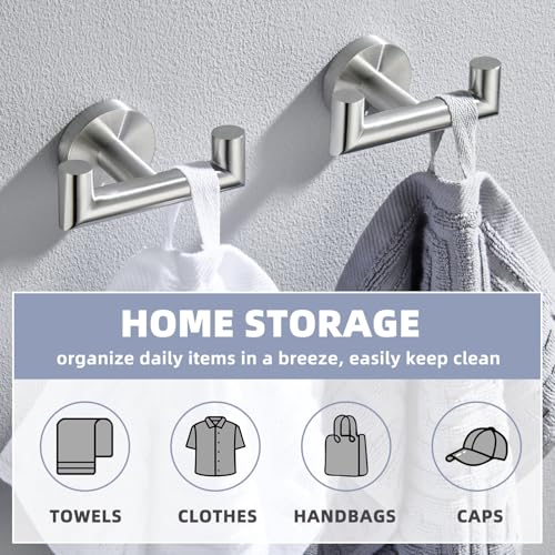 Brushed Nickel Bathroom Double Towel Hooks, 2 Pack, Wall Mounted | 304 Stainless Steel, Rust-resistant for Bathroom Shower Laundry Room, Heavy-duty 11 lbs Robe Hooks, Towels, Clothes Storage - color: Brushed Nickel