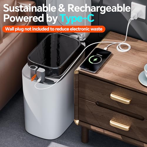 CTIME 3.5 Gallons Smart Automatic Sensor Rechargeable Trash Can with Lid | Non-contact automatic sensing, automatic bagging, pet-proof, slim and waterproof,for bathrooms, offices, kitchens, bedrooms.