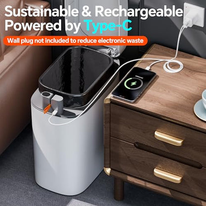 CTIME 3.5 Gallons Smart Automatic Sensor Rechargeable Trash Can with Lid | Non-contact automatic sensing, automatic bagging, pet-proof, slim and waterproof,for bathrooms, offices, kitchens, bedrooms.
