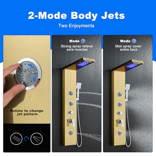 5-in-1 Shower Panel Tower System with LED Lights, 2-in-1 Body Massage, Rainfall, Waterfall,Handheld and Tub Spout, Stainless Steel Shower Column - Gold - color: Gold - 2-in-1 Body Jets