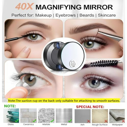 LED Lighted Tweezers & 40X Magnifying Mirror with Suction Cup Set | Portable 2 in 1 Hands-Free Makeup Mirror with Light and Precision Light Up Tweezers, Premium Quality & Ideal Gift Choice