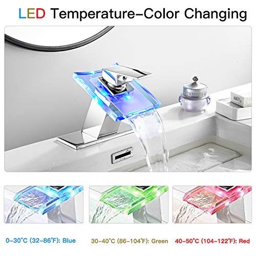 Bathroom Sink Faucet LED Light 3 Colors Changing Waterfall Glass Spout | Chrome, Hot Cold Water Mixer, Single Handle One Hole, Deck Mounted, Lavatory Vanity Basin Bath - color: Chrome, style: with LED Light