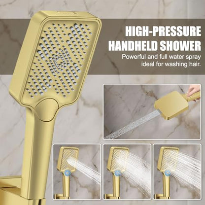 Shower System 12IN Modern Rain Brass Faucet Set With Valve and Diverter Shower Mixer With Handheld High Pressure Square Rainfall Shower Valve (12'' Ceiling Mount, Brushed Gold) - color: Brushed Gold, style: 12'' Ceiling Mount
