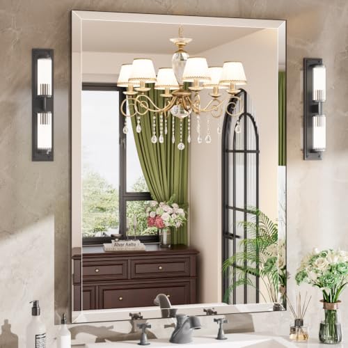 MZON 40x30 Bathroom Vanity Mirror for Wall with Beveled Edge, Ultra-Thin Metal Frame HD Mirror, Rectangular Wall Mounted Mirror for Bathroom Sink, Vertical or Horizontal, Black - color: Black, size: 40"L x 30"W