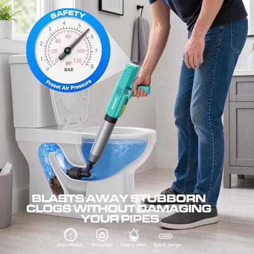 Electric Toilet Plunger, Heavy-Duty Clog Remover, Mint Green | High-pressure air plunger for bathrooms. Powerful toilet drain unclogger. - color: Mint Green