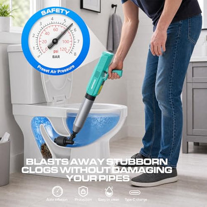 Electric Toilet Plunger, Heavy-Duty Clog Remover, Mint Green | High-pressure air plunger for bathrooms. Powerful toilet drain unclogger. - color: Mint Green