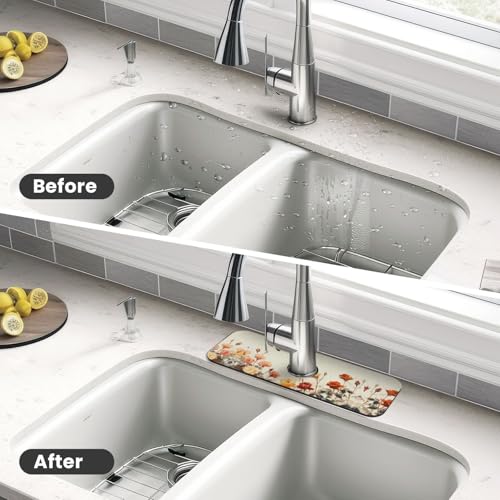 Diatomite Faucet Mat for Kitchen Sink & Bathroom Counter, Super Absorbent Water Sink Protectors Prevent Moisture Buildup, Sink Splash Guard 15×5.5 Inch - color: Flower1